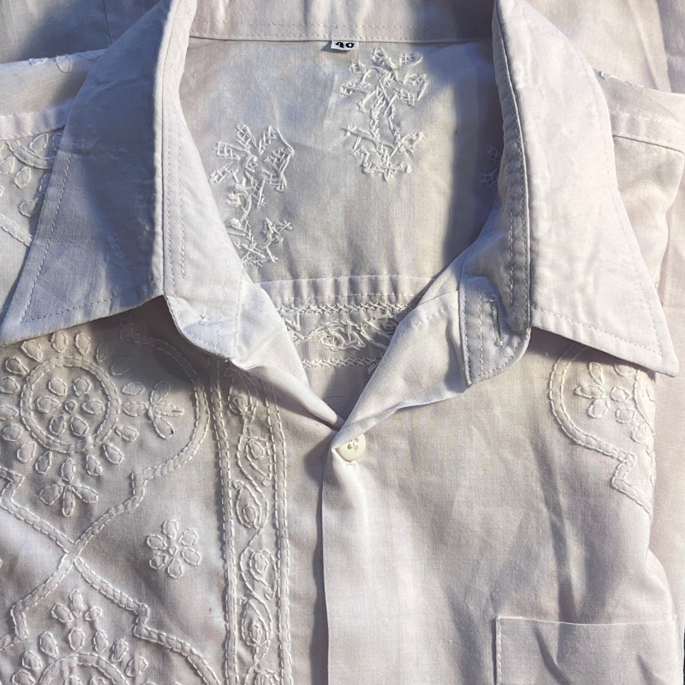 Unbranded Guayabera Shirt 40 Mens Embroidered Short Sleeve Button Up White